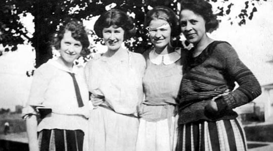 Black and white photograph of Ethel Ray (later Ethel Ray Nance far right) with Myrtle Hultberg, Mabel Jackson, and an unknown individual, ca. 1922.